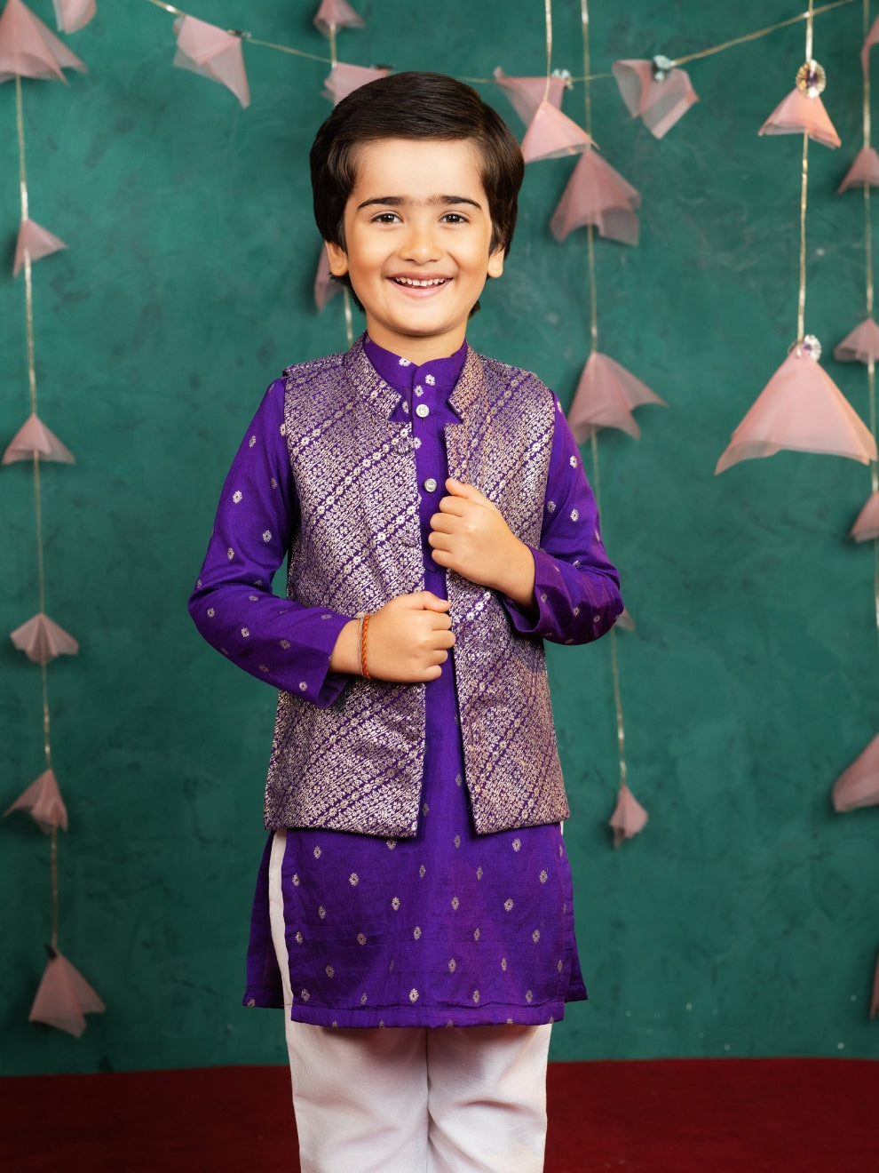 Boy's Purple Kurta Set with Jacket (Set of 3)