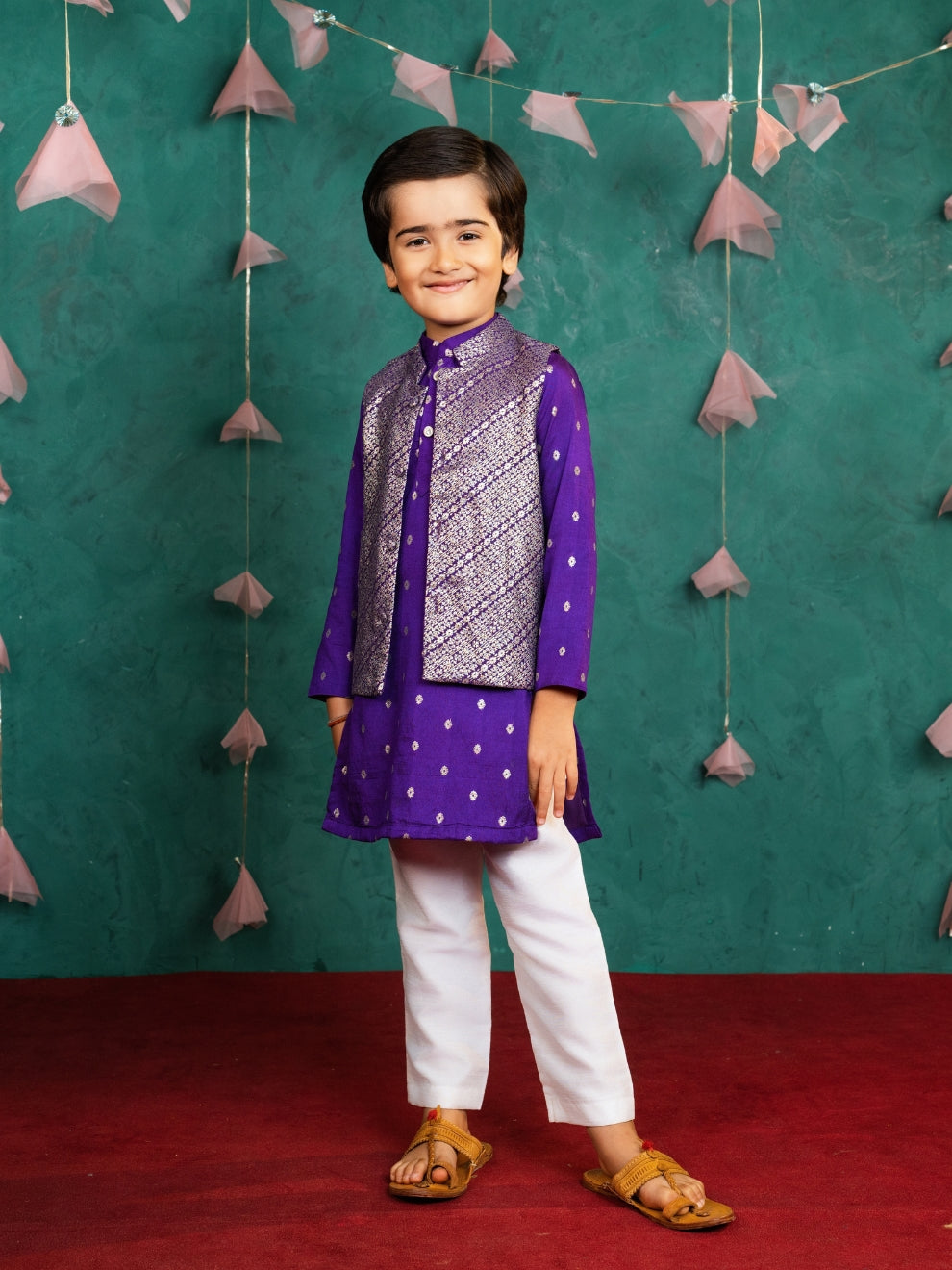 Boy's Purple Kurta Set with Jacket (Set of 3)
