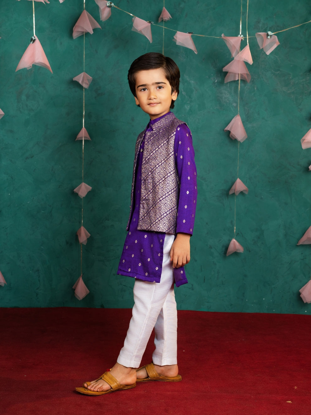 Boy's Purple Kurta Set with Jacket (Set of 3)