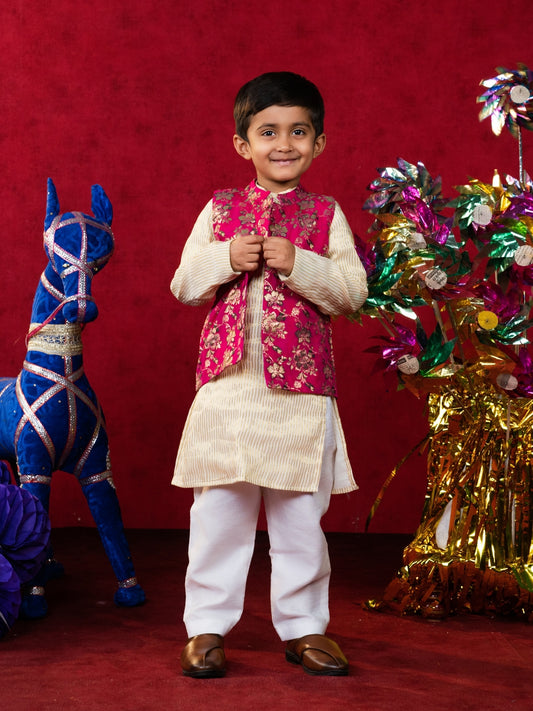 Boy's White Kurta set with Jacket (Set of 3)