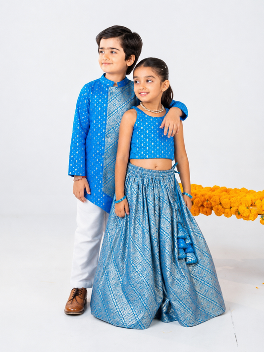Boy's Blue Kurta Set with Girls Top with Zari Lehenga Set