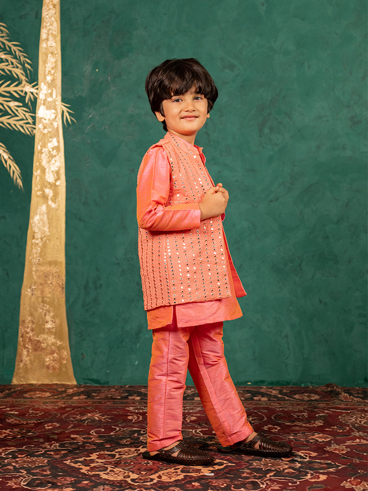 Boys Bright Salmon Coloured Kurta and Pant with Georgette Mirror work Bundi Jacket (Set of 3)