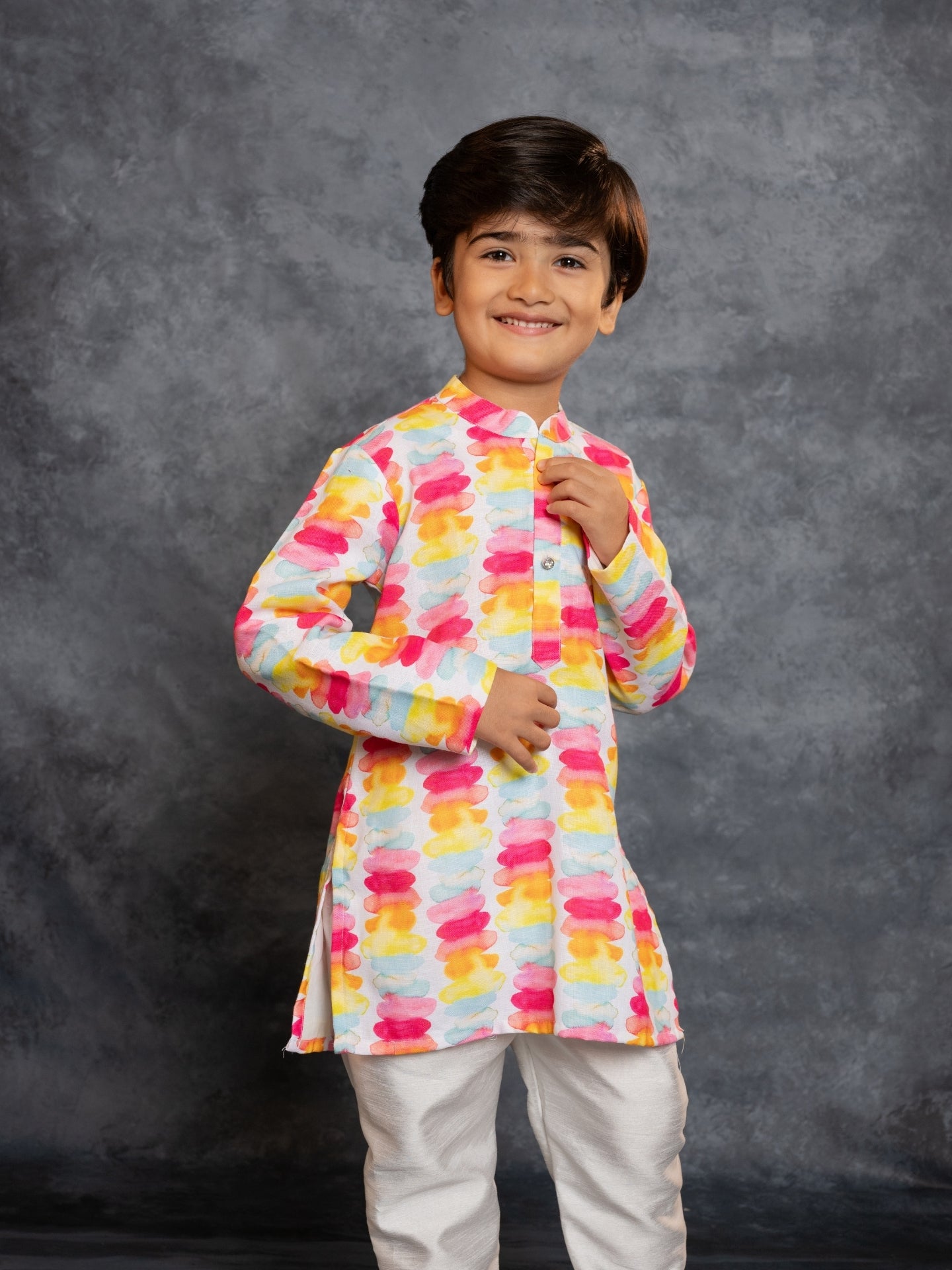 Boys Cotton Linen Digital Printed Multicolored Kurta with Pant (Set of 2)