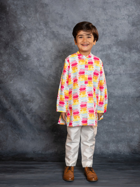 Boys Cotton Linen Digital Printed Multicolored Kurta with Pant (Set of 2)