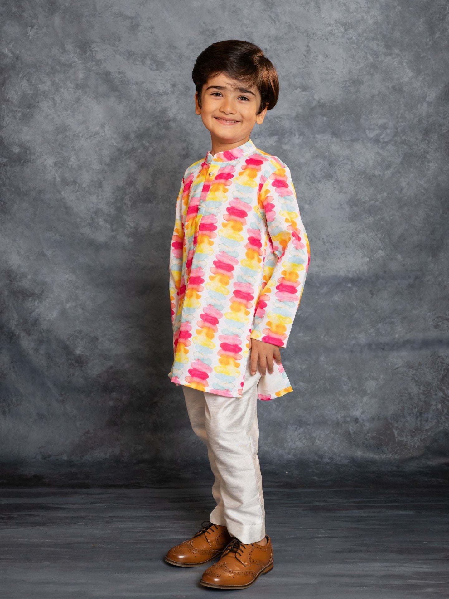 Boys Cotton Linen Digital Printed Multicolored Kurta with Pant (Set of 2)