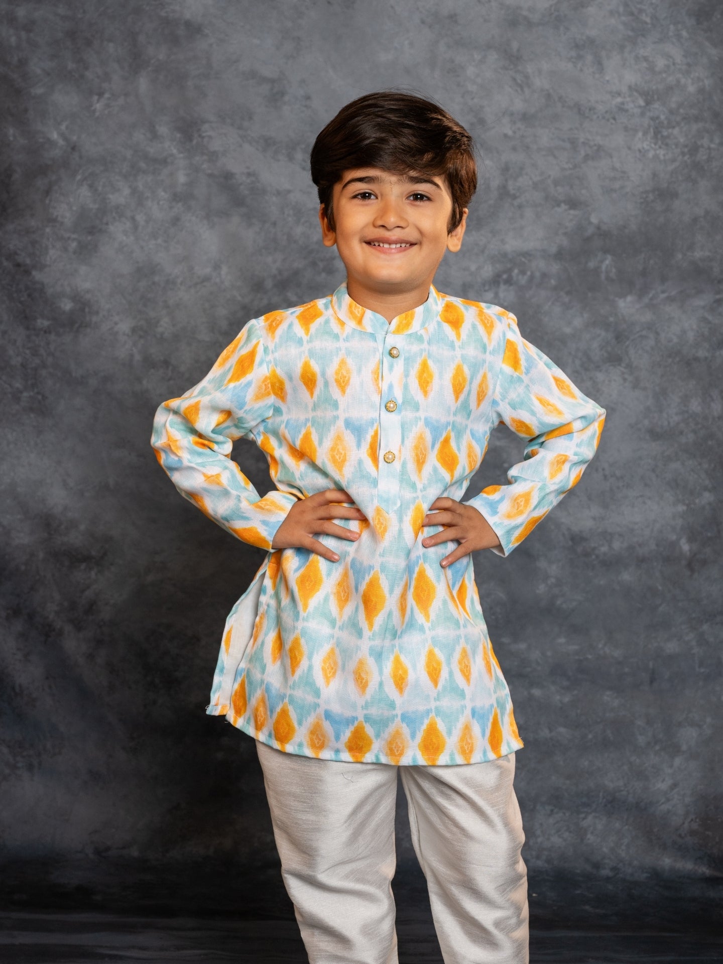 Boys Cotton Linen Digital Printed Sky blue Kurta with Pant (Set of 2)