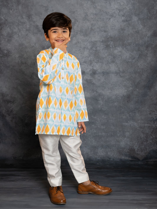Boys Cotton Linen Digital Printed Sky blue Kurta with Pant (Set of 2)