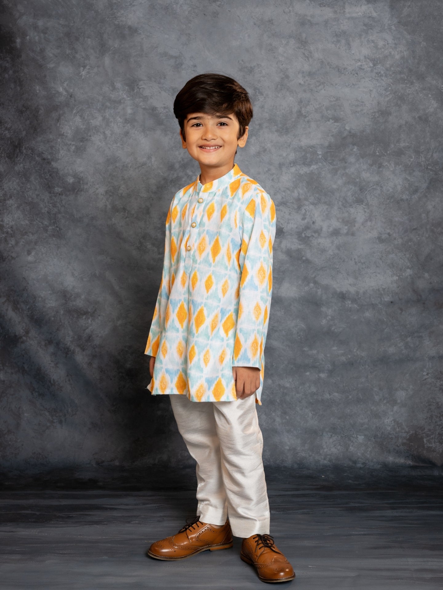 Boys Cotton Linen Digital Printed Sky blue Kurta with Pant (Set of 2)
