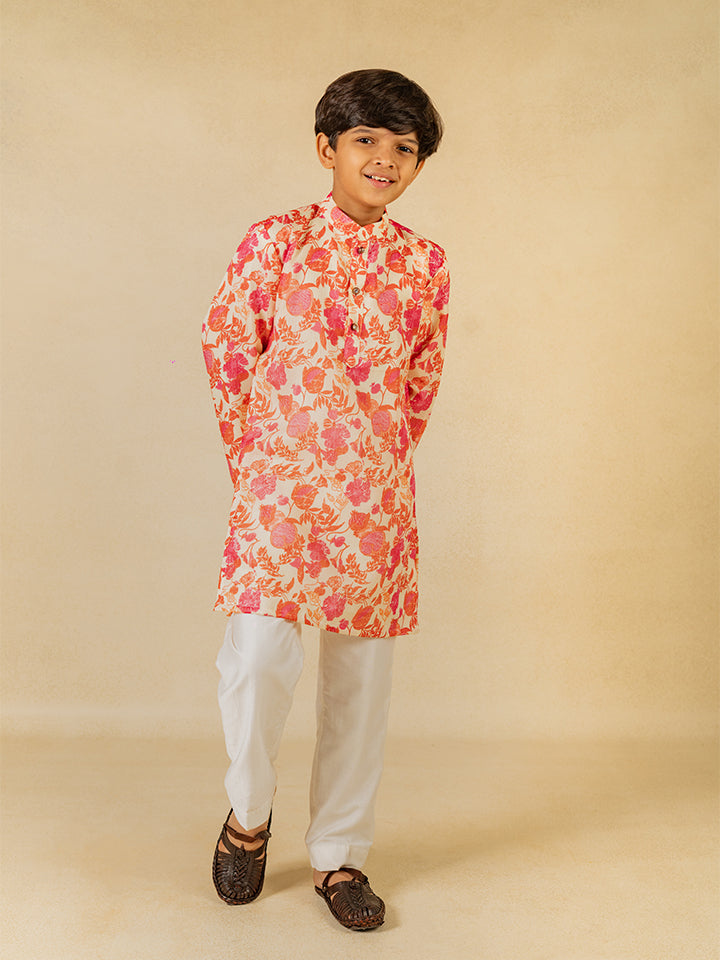 Boys Digital Floral Print Ethnic Kurta with White Pant (Set of 2)