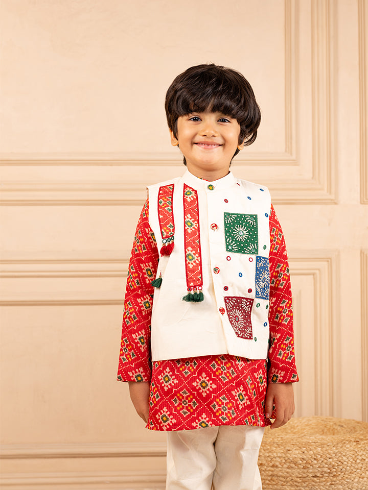 Boys Digital Patola Print Kurta and White Pant with Hand worked Jacket (Set of 3)