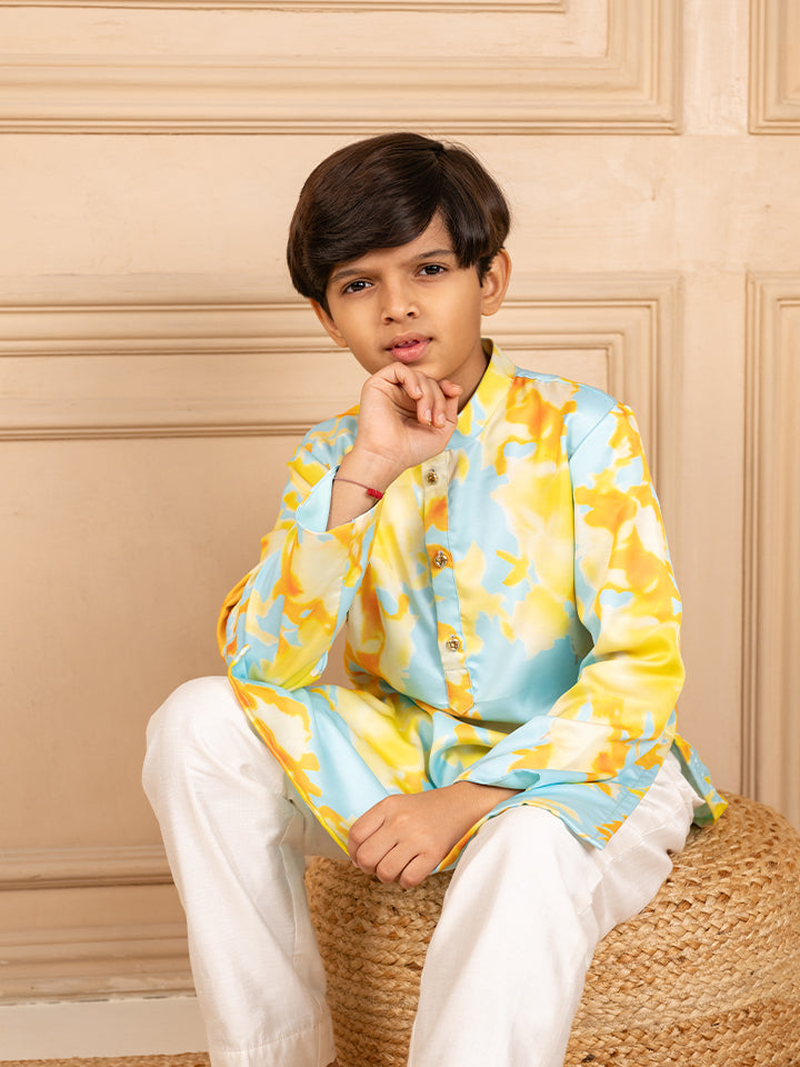 Boys Digital Printed Modal Satin Kurta With White Pant (Set of 2)