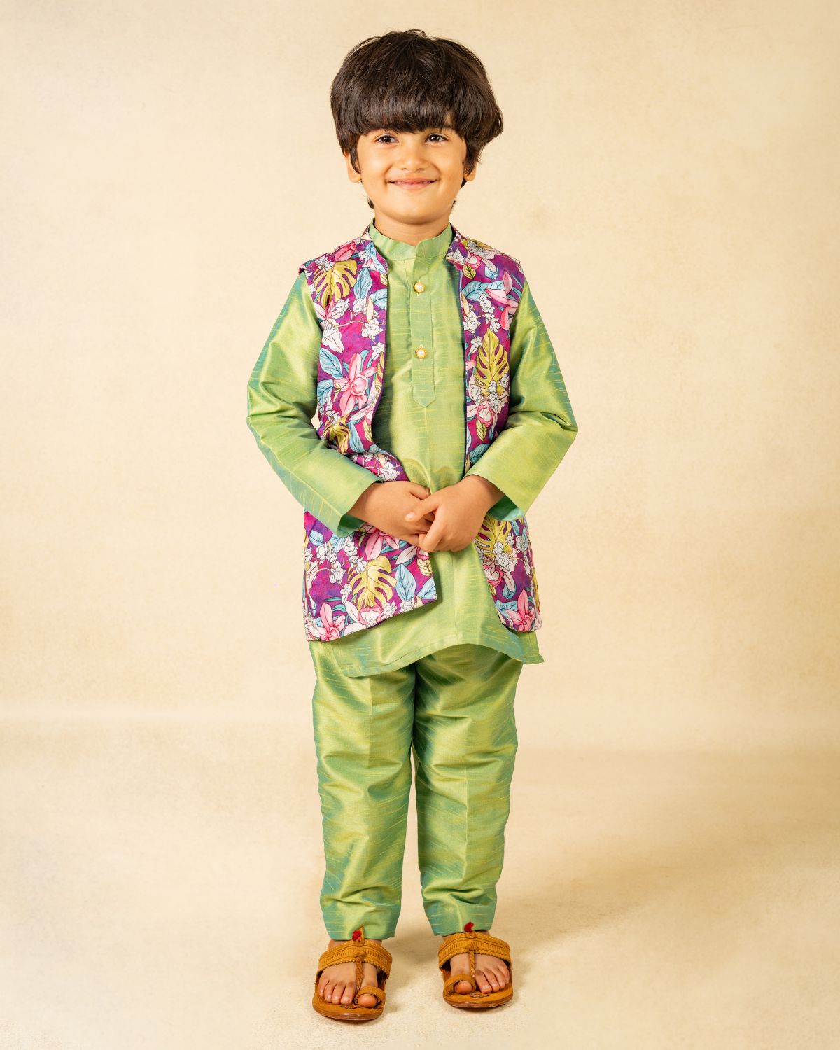 Premium Green Matching Kurta & Printed Lehenga Set for Kids