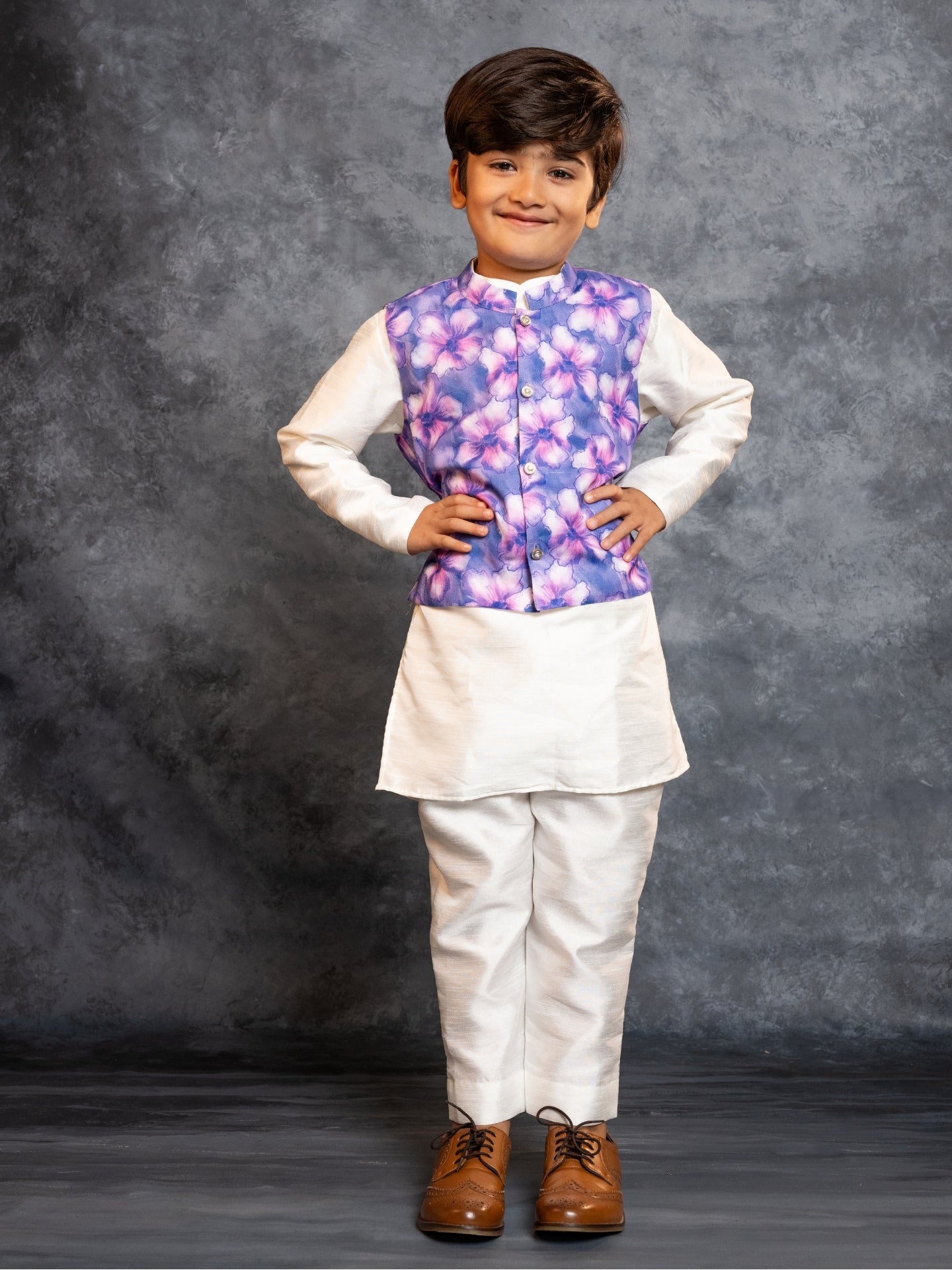 Boys Kurta Pant with Digital Printed Purple Jacket (Set of 3)