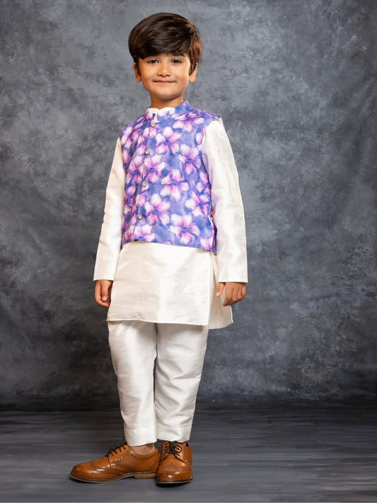 Boys Kurta Pant with Digital Printed Purple Jacket (Set of 3)