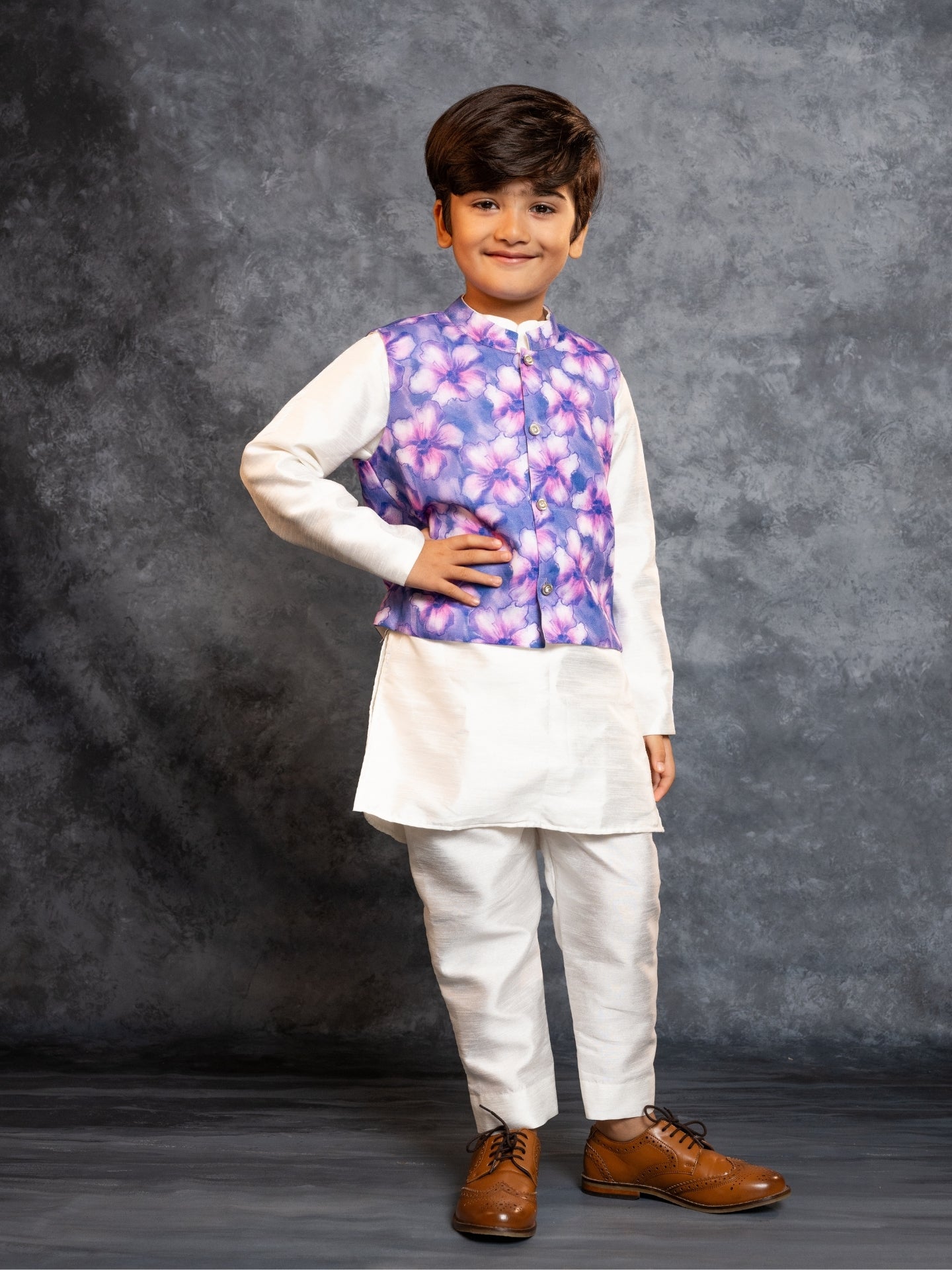 Boys Kurta Pant with Digital Printed Purple Jacket (Set of 3)