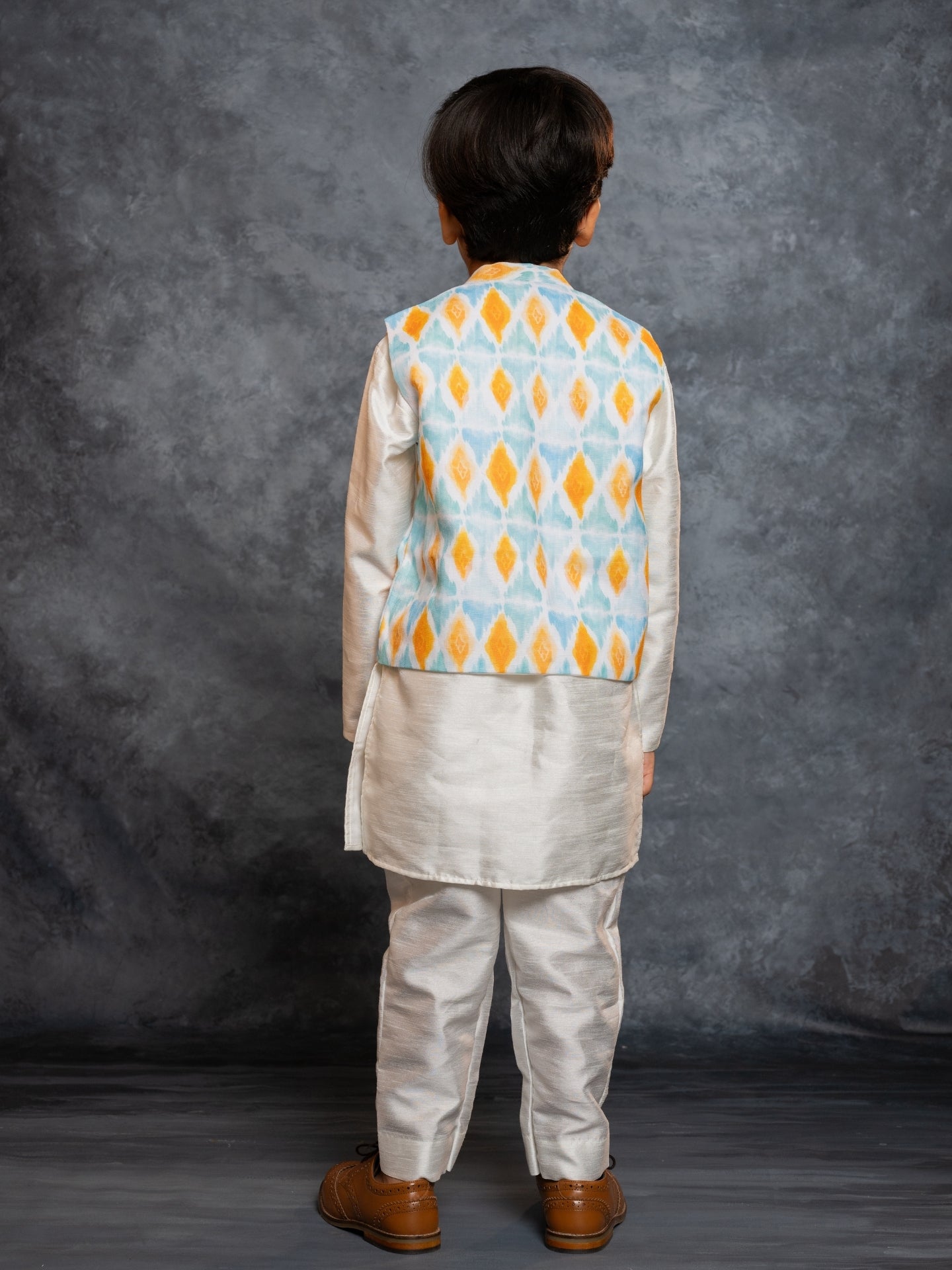 Boys Kurta Pant with Digital Printed Sky Blue Jacket (set of 3)