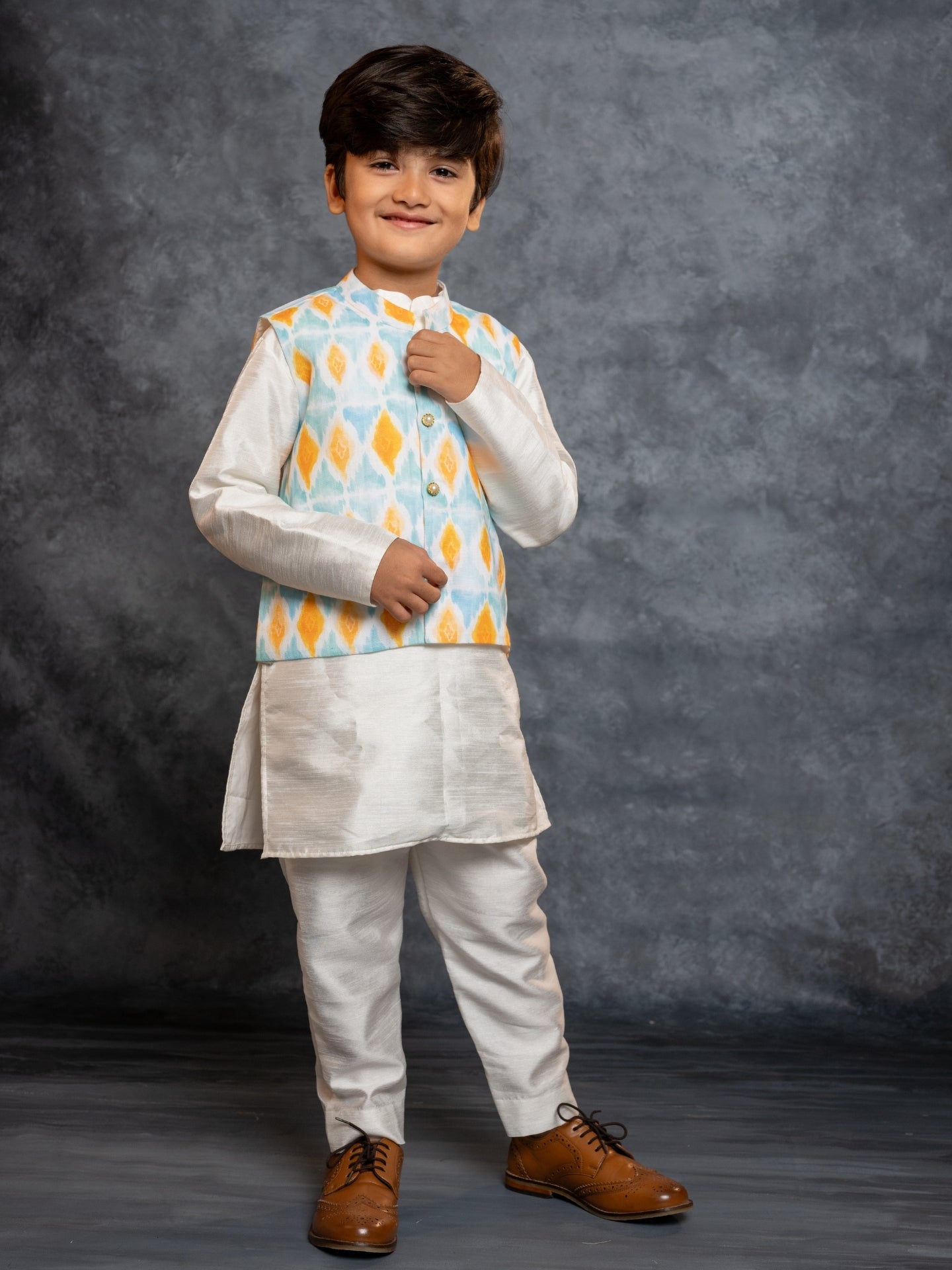 Boys Kurta Pant with Digital Printed Sky Blue Jacket (set of 3)