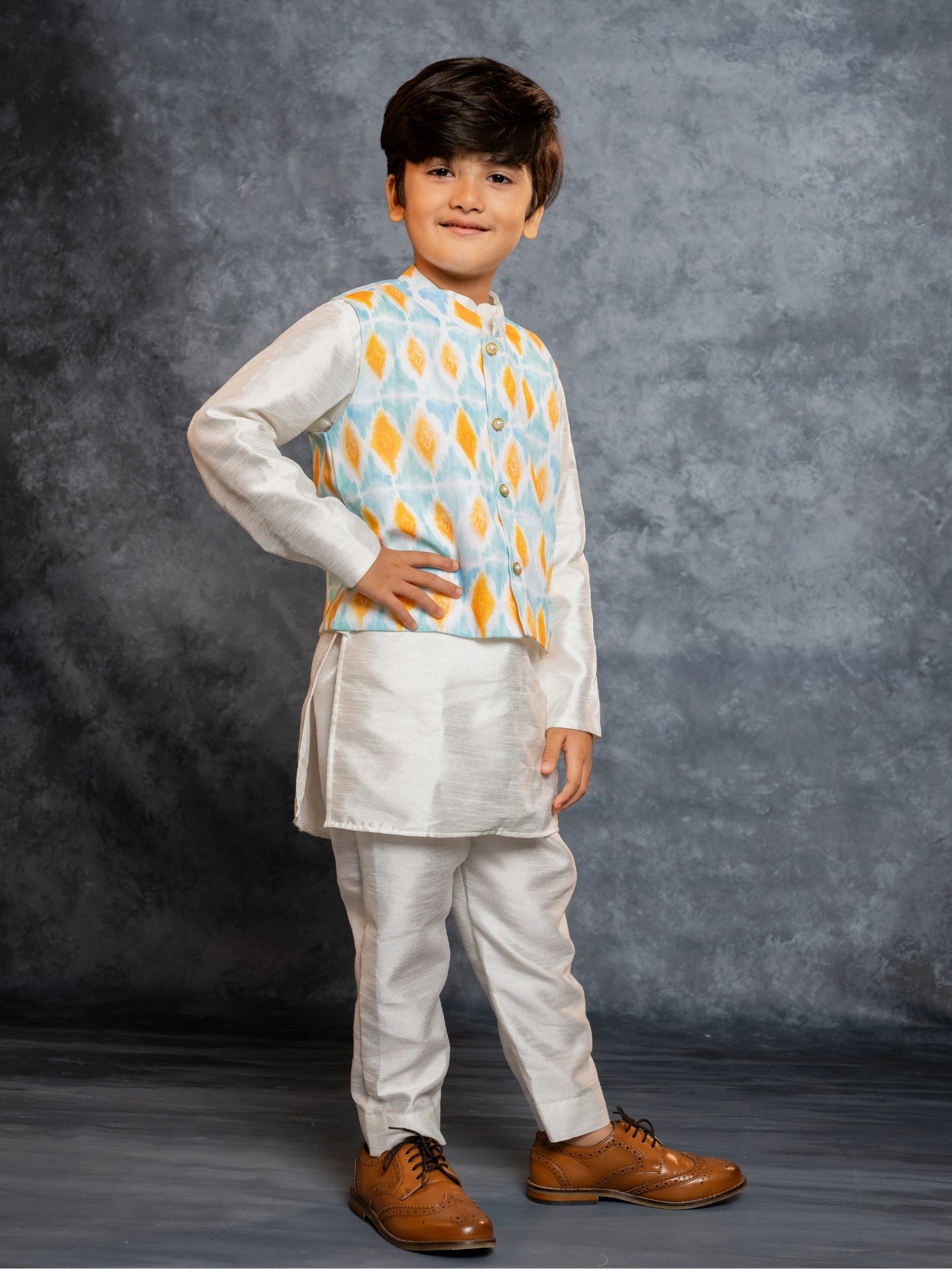 Boys Kurta Pant with Digital Printed Sky Blue Jacket (set of 3)
