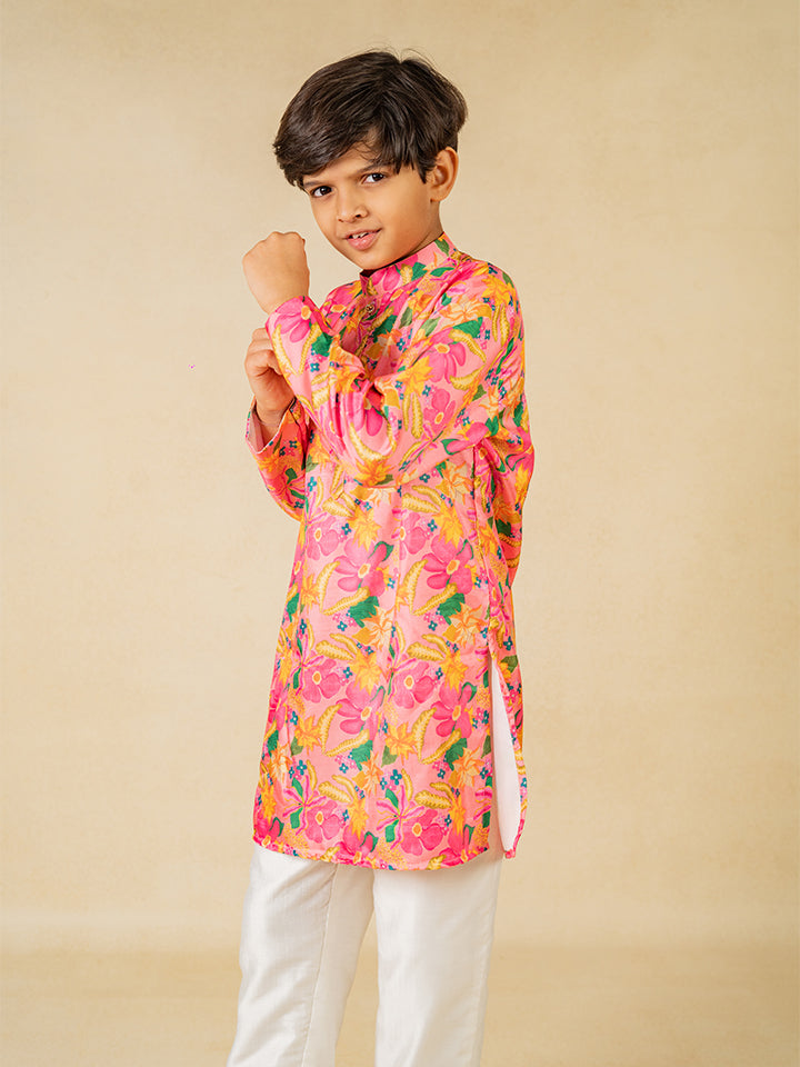Boys Light Pink Floral Digital Printed Kurta With White Pant (Set of 2)