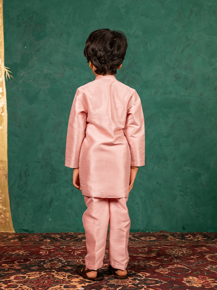 Boys Light Pink Silk Kurta and Pants with Handwork Acrylic Bundi Jacket ( Set of 3)