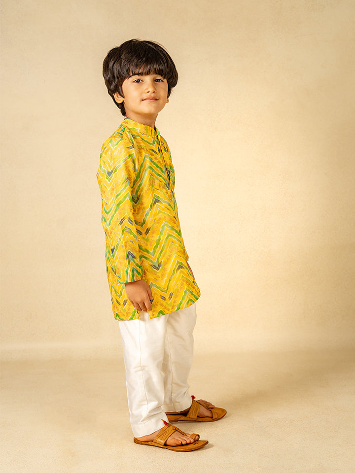 Boys Moonga Foil Yellow Zig Zag Red Cotton Ethnic Kurta with White Pant (Set of 2)