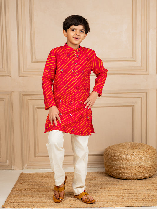 Boys Moonga Mirror Work Red Cotton Ethnic Kurta with White Pant (Set of 2)