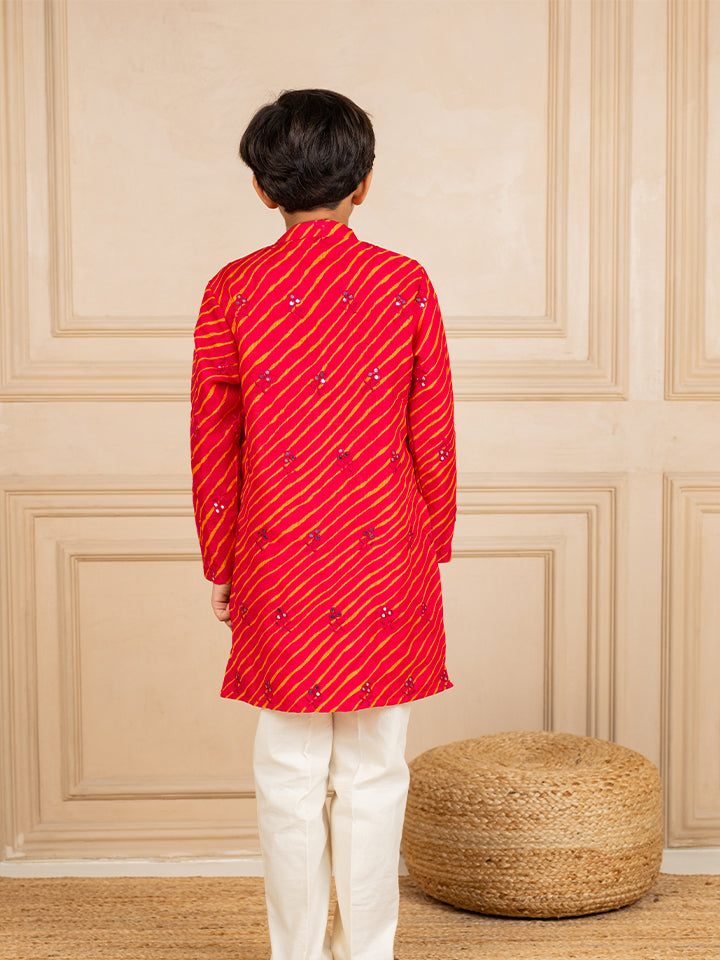 Boys Moonga Mirror Work Red Cotton Ethnic Kurta with White Pant (Set of 2)