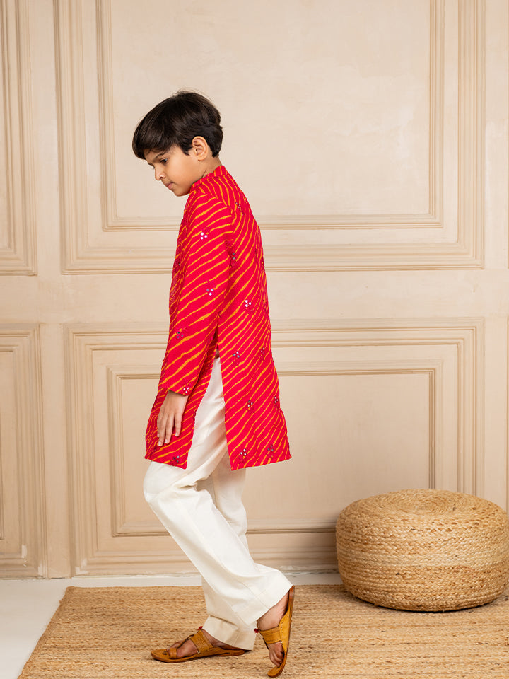 Boys Moonga Mirror Work Red Cotton Ethnic Kurta with White Pant (Set of 2)