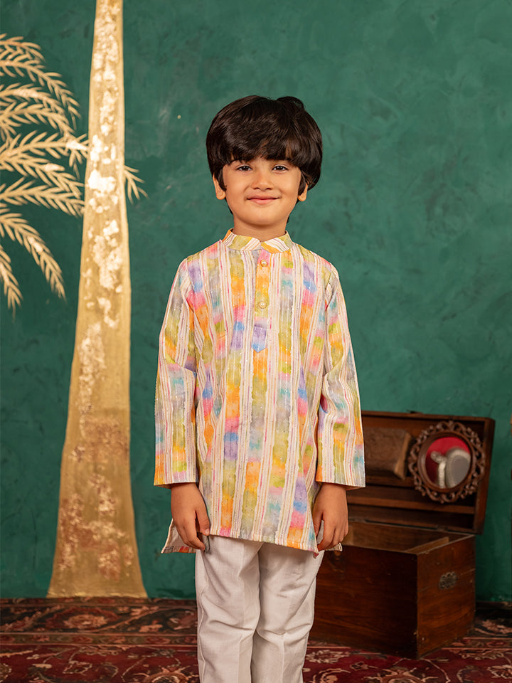 Boys Multi-Coloured Ethnic Kurta with White Pant (Set of 2)