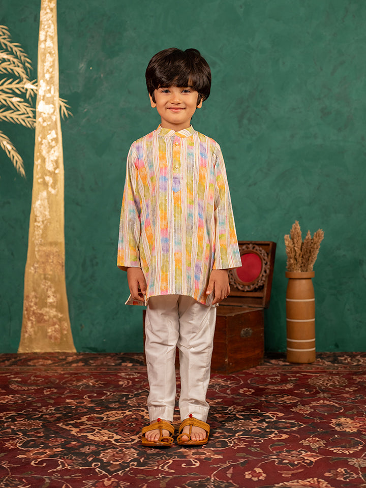 Boys Multi-Coloured Ethnic Kurta with White Pant (Set of 2)