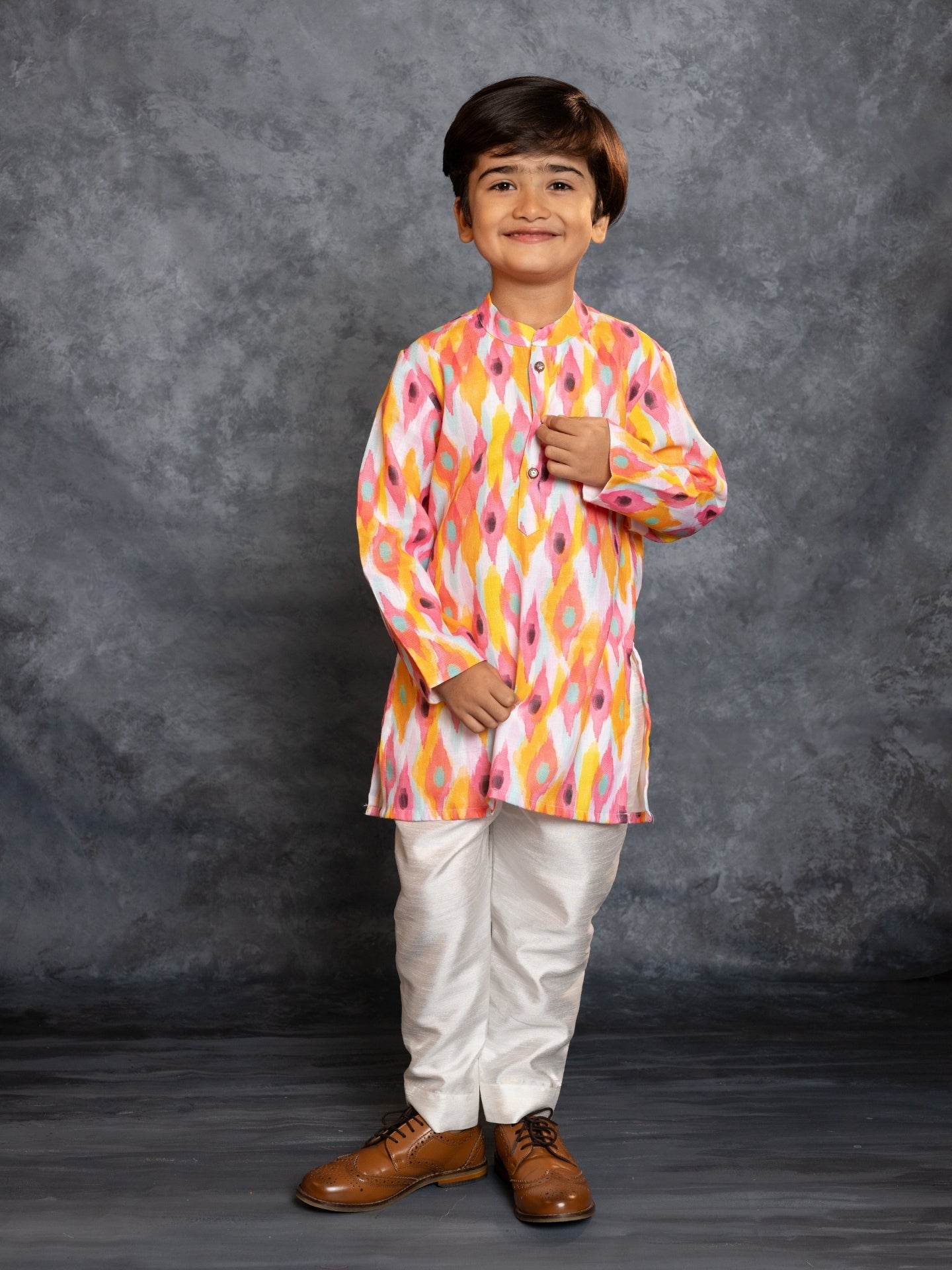 Boys Multicolored Cotton Linen Digital Printed Kurta with Pant (Set of 2)