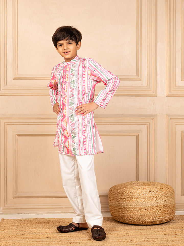Boys Multicoloured  Ethnic Pattern Digital Print Kurta with White Pant (Set of 2)