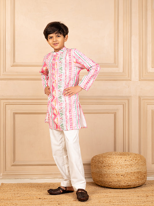 Boys Multicoloured  Ethnic Pattern Digital Print Kurta with White Pant (Set of 2)