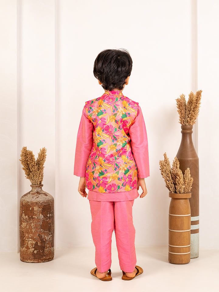 Boys Pink Kurta and Pant with Roman Digital Print Jacket (Set of 3)