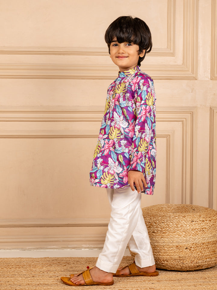 Boys Purple Floral Digital Printed Kurta With White Pant (Set of 2)