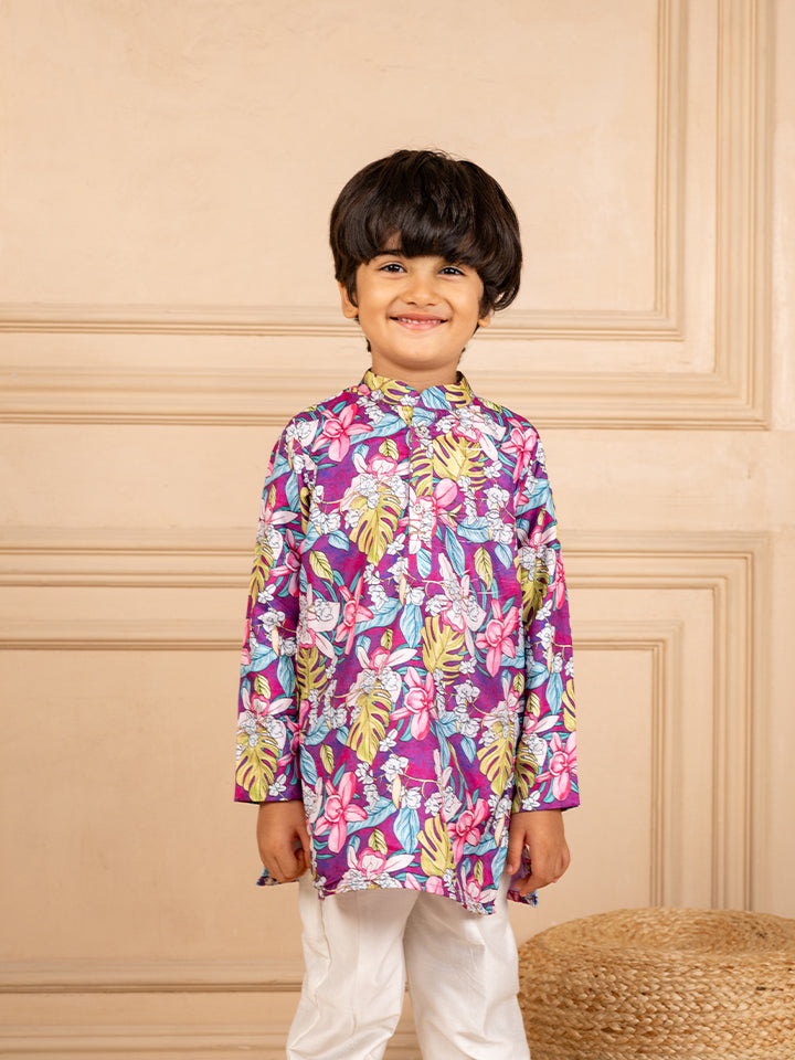 Boys Purple Floral Digital Printed Kurta With White Pant (Set of 2)
