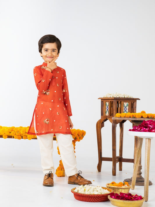 Boys Rust Orange Embroidered Kurta Pant Set (Set of 2)