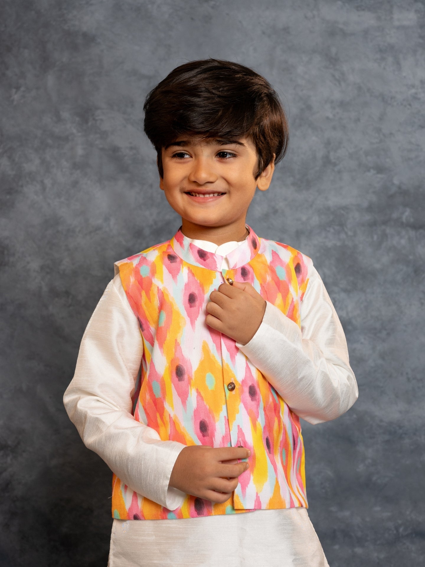 Boys Silk Kurta Pant with Multicolour Digital Printed Jacket (Set of 3)