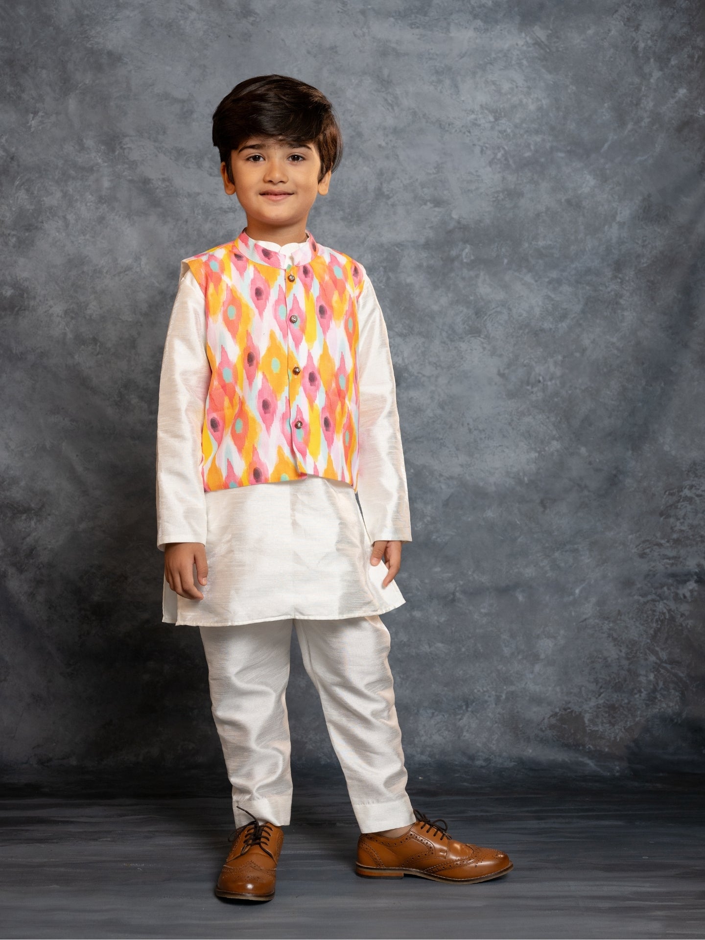 Boys Silk Kurta Pant with Multicolour Digital Printed Jacket (Set of 3)