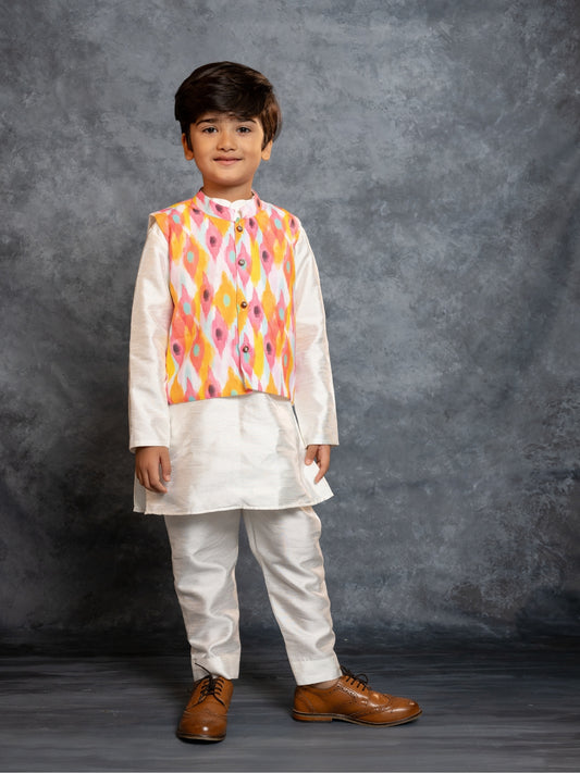 Boys Silk Kurta Pant with Multicolour Digital Printed Jacket (Set of 3)