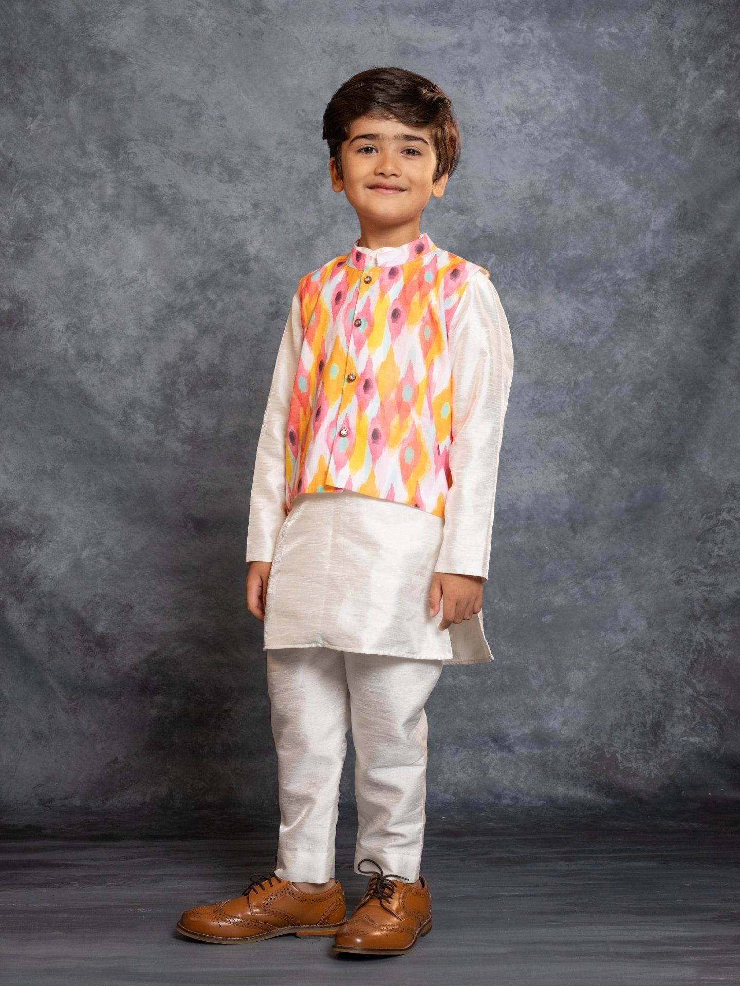 Boys Silk Kurta Pant with Multicolour Digital Printed Jacket (Set of 3)