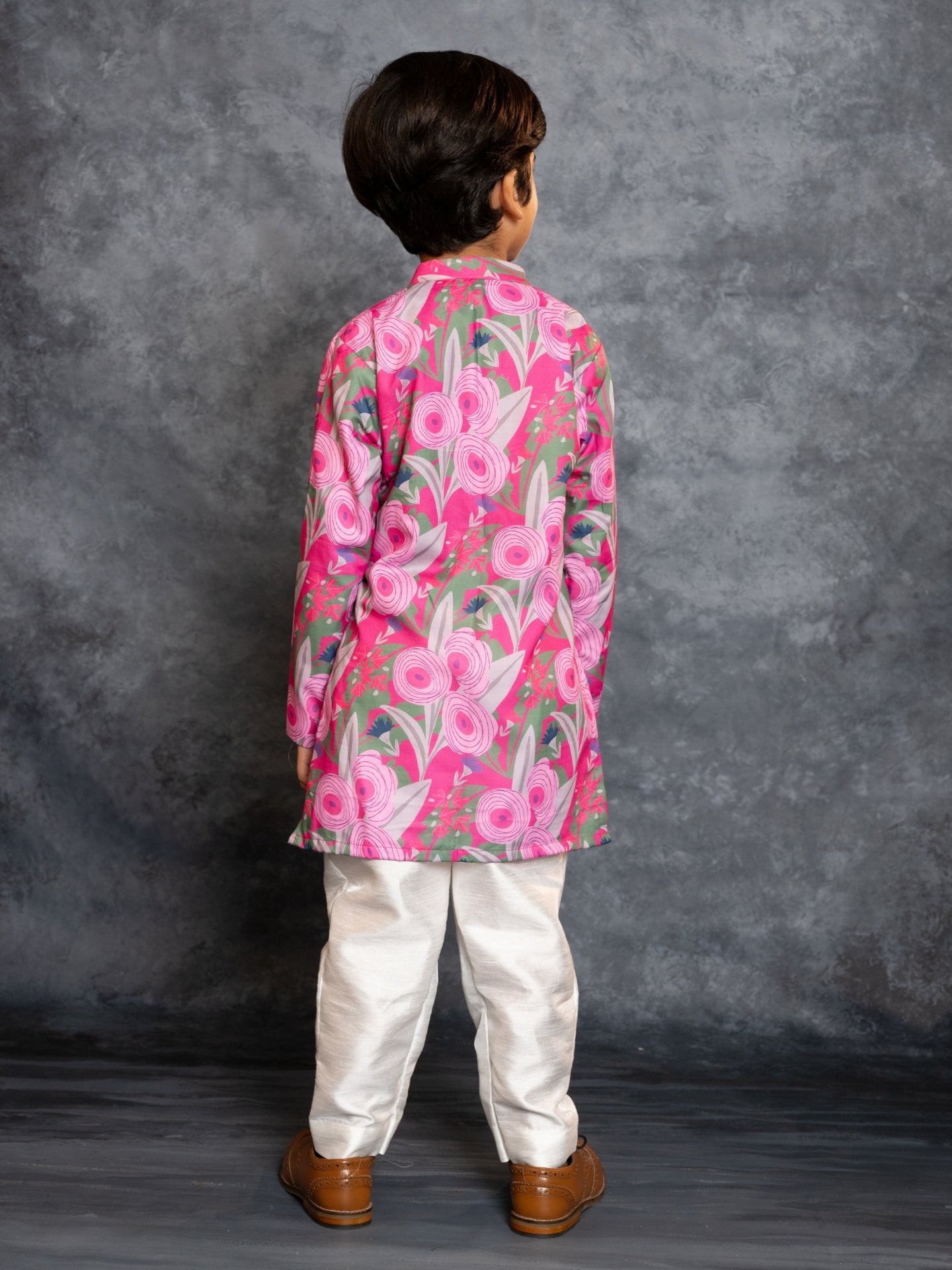 Boys Soft Cotton Digital Printed Pink Kurta with Banglori Silk Pant (Set of 2)