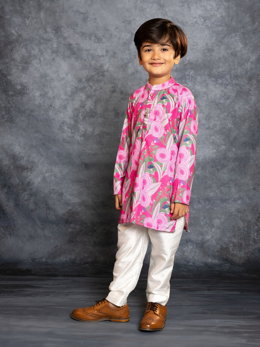 Boys Soft Cotton Digital Printed Pink Kurta with Banglori Silk Pant (Set of 2)