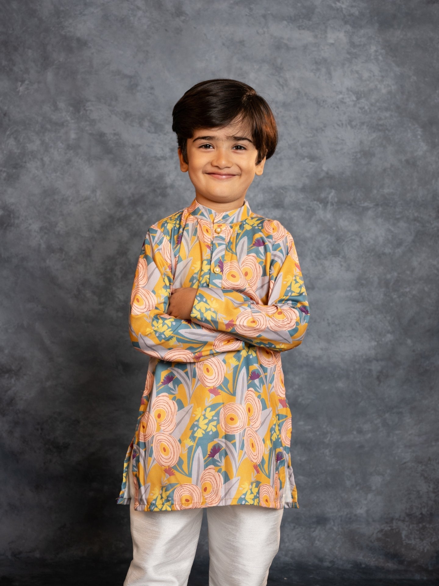 Boys Soft Cotton Digital Printed Yellow Kurta with Banglori Silk Pant (Set of 2)