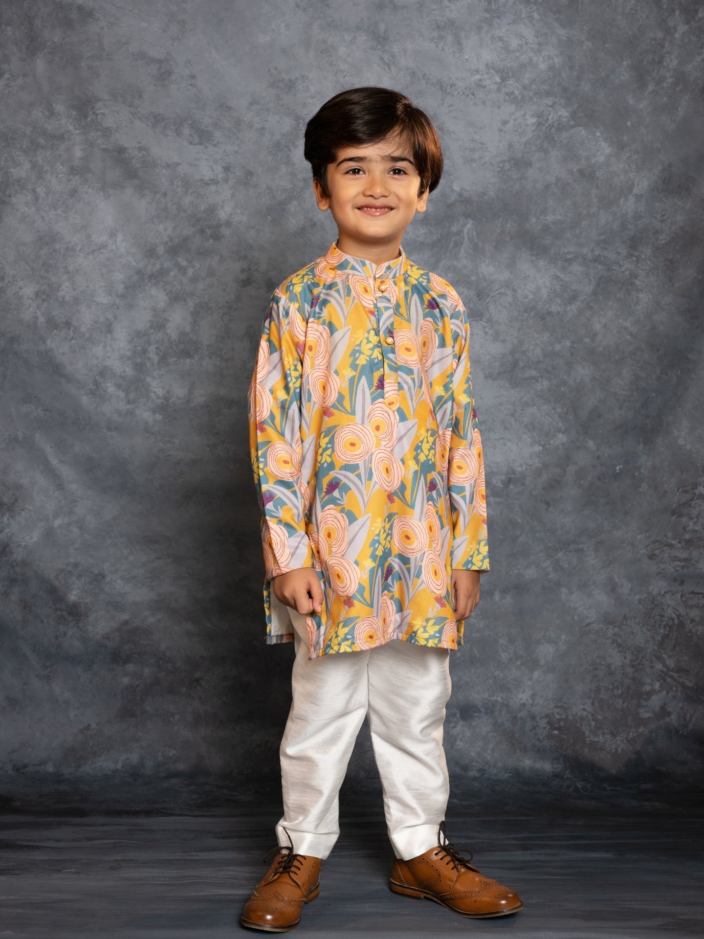 Boys Soft Cotton Digital Printed Yellow Kurta with Banglori Silk Pant (Set of 2)