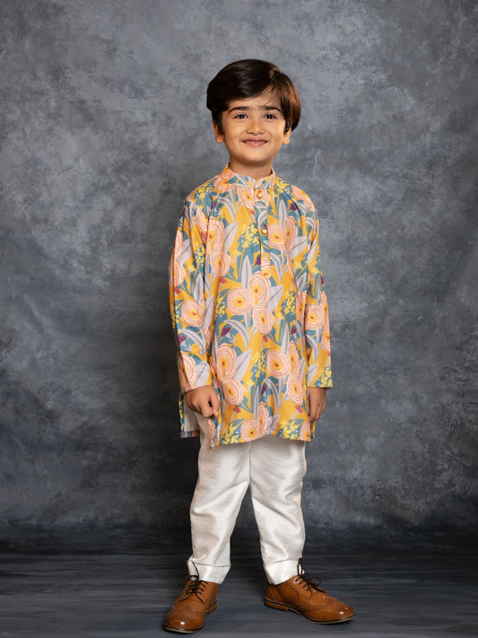 Boys Soft Cotton Digital Printed Yellow Kurta with Banglori Silk Pant (Set of 2)