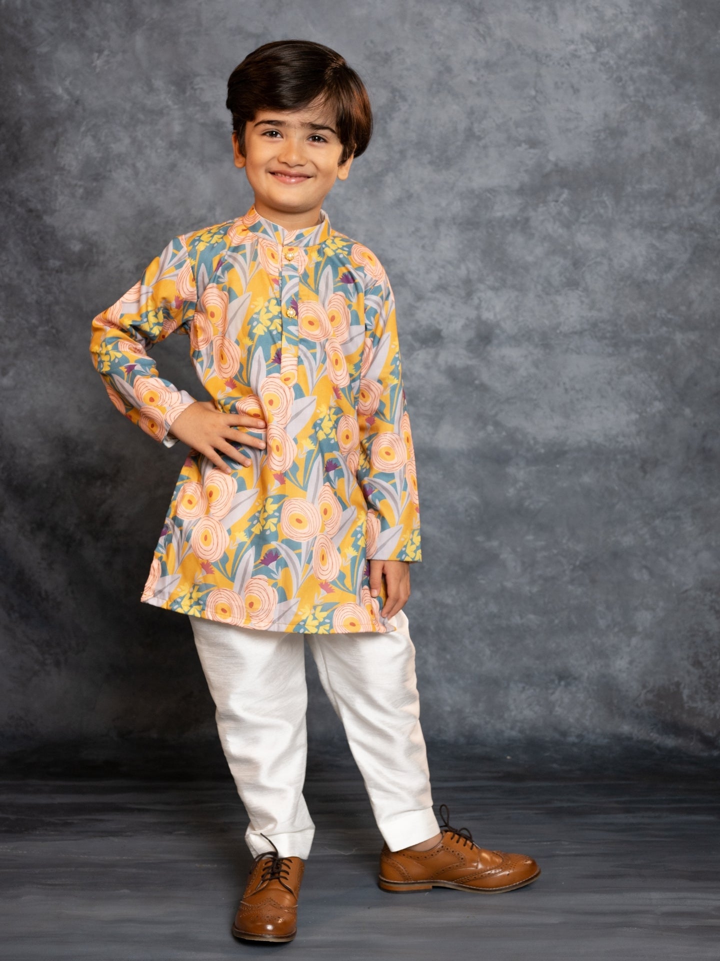 Boys Soft Cotton Digital Printed Yellow Kurta with Banglori Silk Pant (Set of 2)