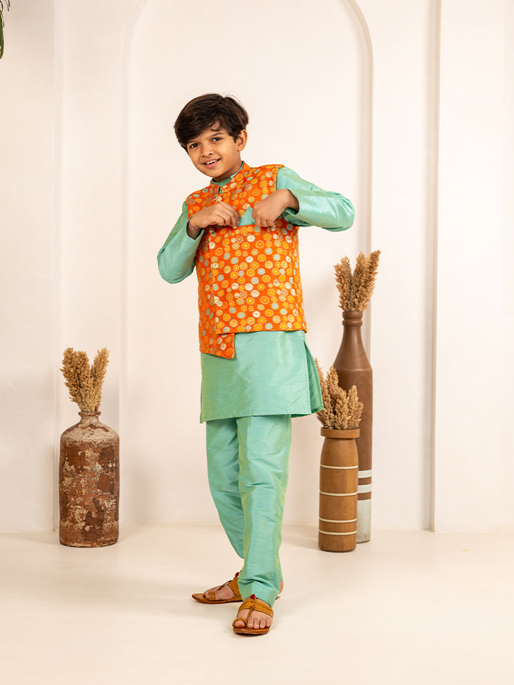 Boys Turquois Kurta and Pant with Orange Ethnic Jacket(Set of 3)