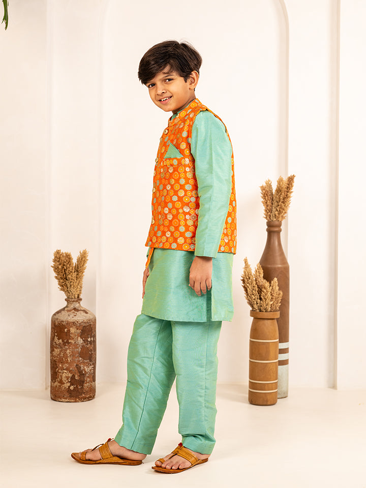 Boys Turquois Kurta and Pant with Orange Ethnic Jacket(Set of 3)