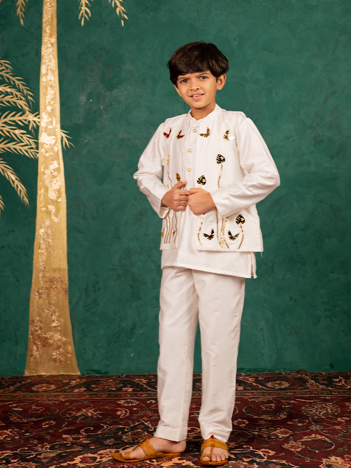 Boys White Silk Kurta and Pants with Handwork Acrylic Bundi Jacket ( Set of 3)